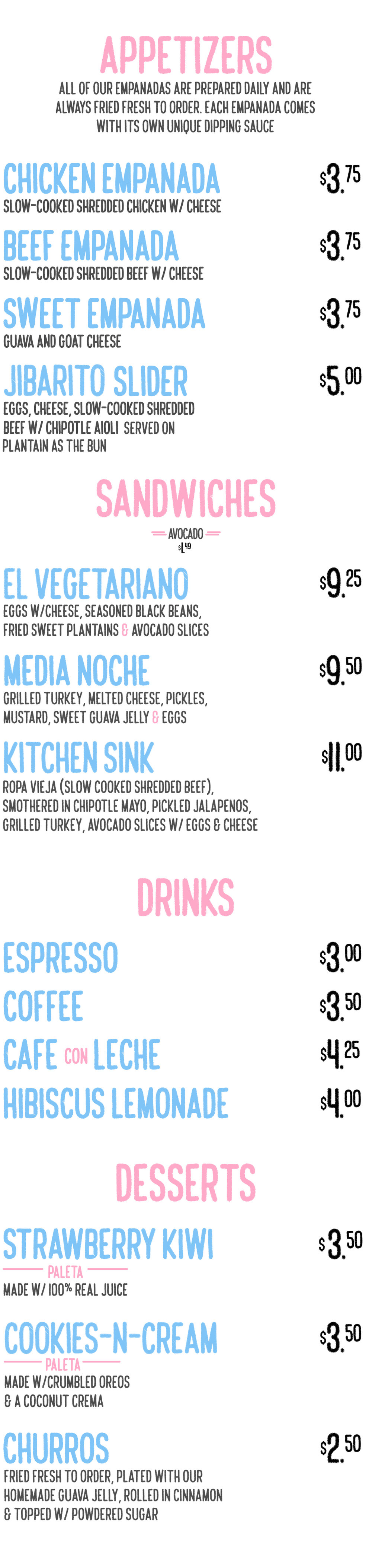 Full restaurant menu with appetizers, entrees, sides, and beverages